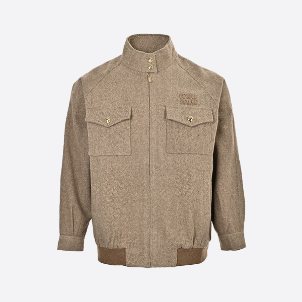 Miu Miu Herringbone Twill Double Pocket Patchwork Wool Stand Collar Jacket