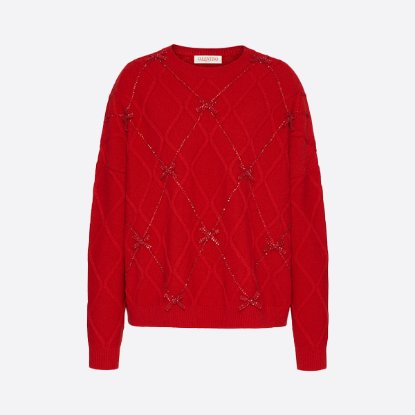 Valentino Round Neck Diamond Ribbon Pullover Sweater 4B3KC53L8DHIU7