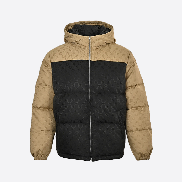 Gucci Allover Print Jacquard Colorblock Nylon Hooded Down Jacket