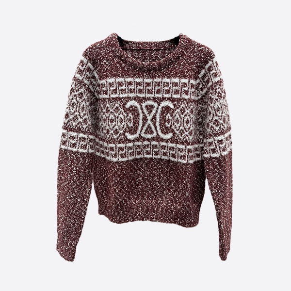 Celine Contrast Crew Neck Jacquard Knit Long Sleeve Sweater