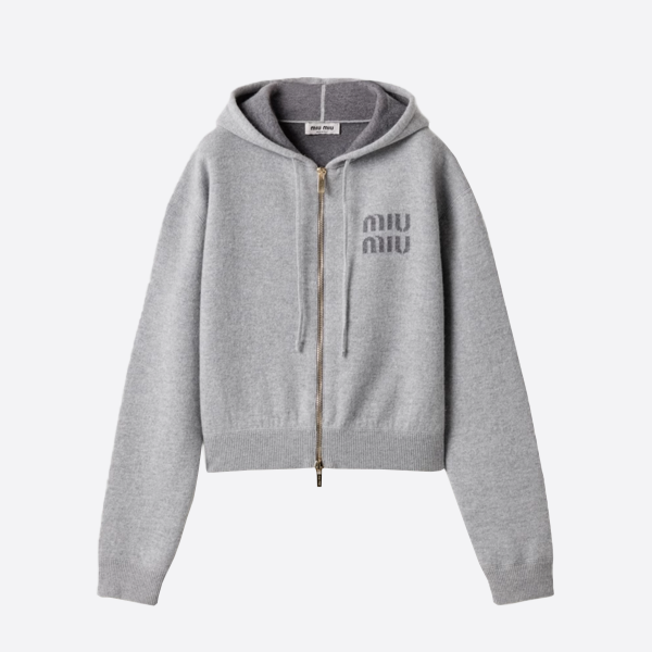 Miu Miu double-zip lettering jacquard knit hooded cardigan