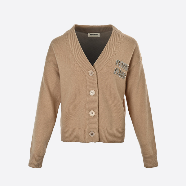 Miu Miu Pearl Rhinestone Lettering Australian Wool Cardigan Sweater