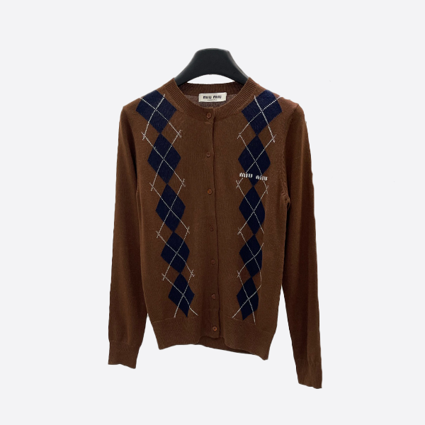 Miu Miu Brown Diamond Round Neck Long Sleeve Cardigan