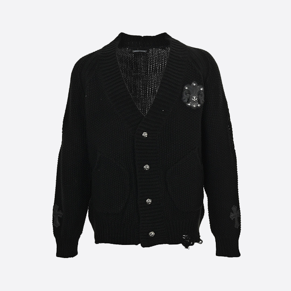 Chrome Hearts Leather Cloth Ripped Knit Cardigan