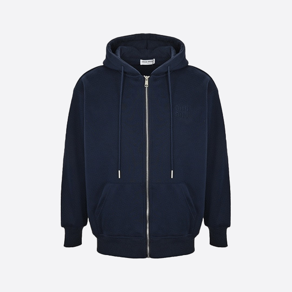 Miu Miu 24FW Embroidered Logo Fleece Zip-Up Jacket Navy Blue