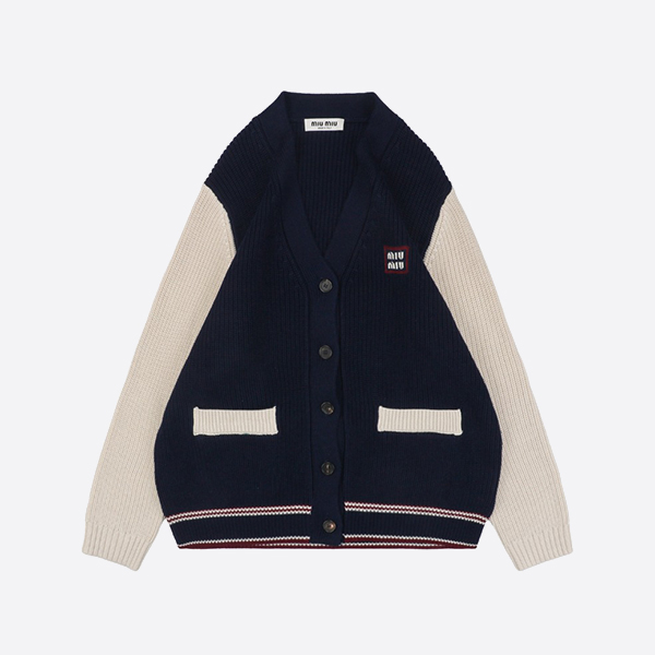 Miu Miu Navy Blue/Natural Wool and Cashmere Cardigan