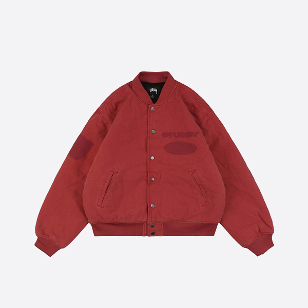 Stüssy Ghost Logo Canvas Varsity Jacket in Red