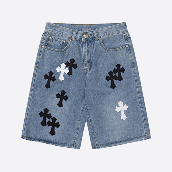 Chrome Hearts denim shorts in blue, white, and black