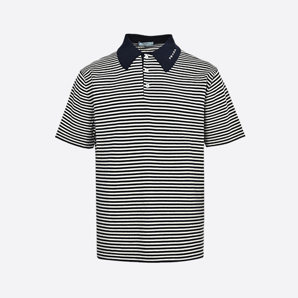 Prada 23ss blue and white striped knitted Polo short sleeve